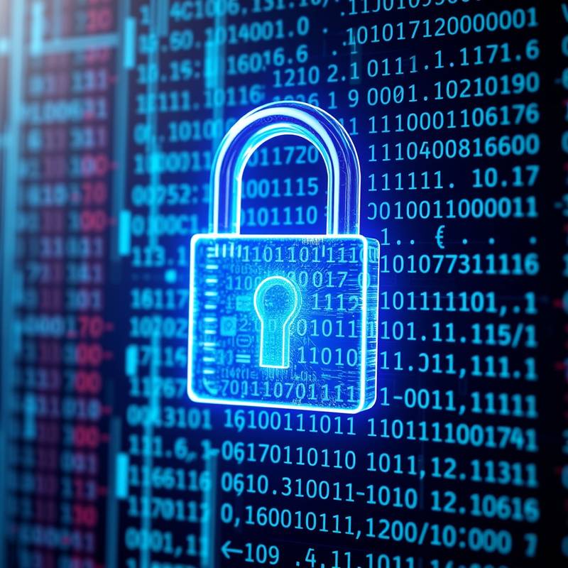 Graphic representation of a lock surrounded by digital code representing Cybersecurity tips.